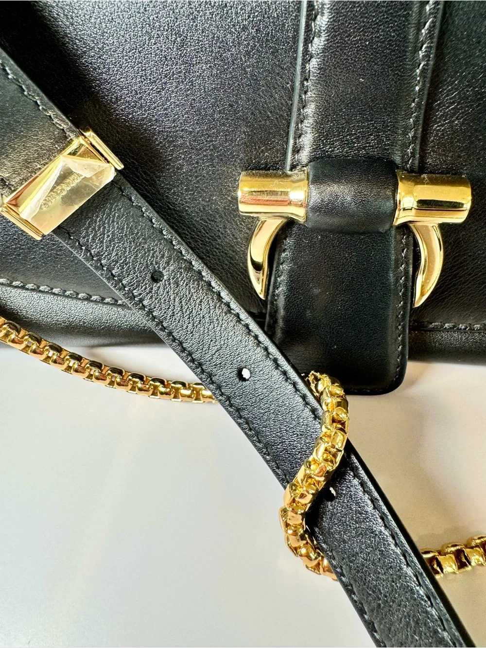 Ferragamo New Line Medium Black Leather Shoulder Bag W 2 Straps & Gold Accents